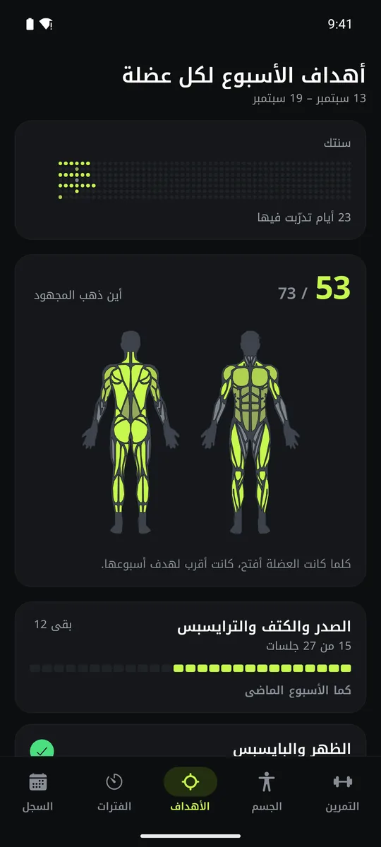 الأهداف الأسبوعية في Grasp: الجلسات لكل مجموعة عضلية مقابل هدفها