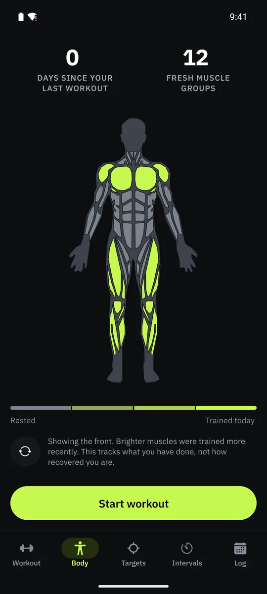 Grasp's body map, with the muscles trained today highlighted