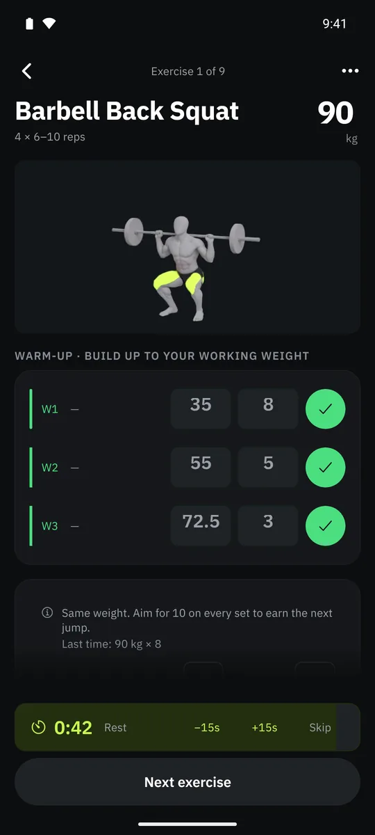 An exercise in Grasp: an animation of the movement, warm-up sets, and last time's weight