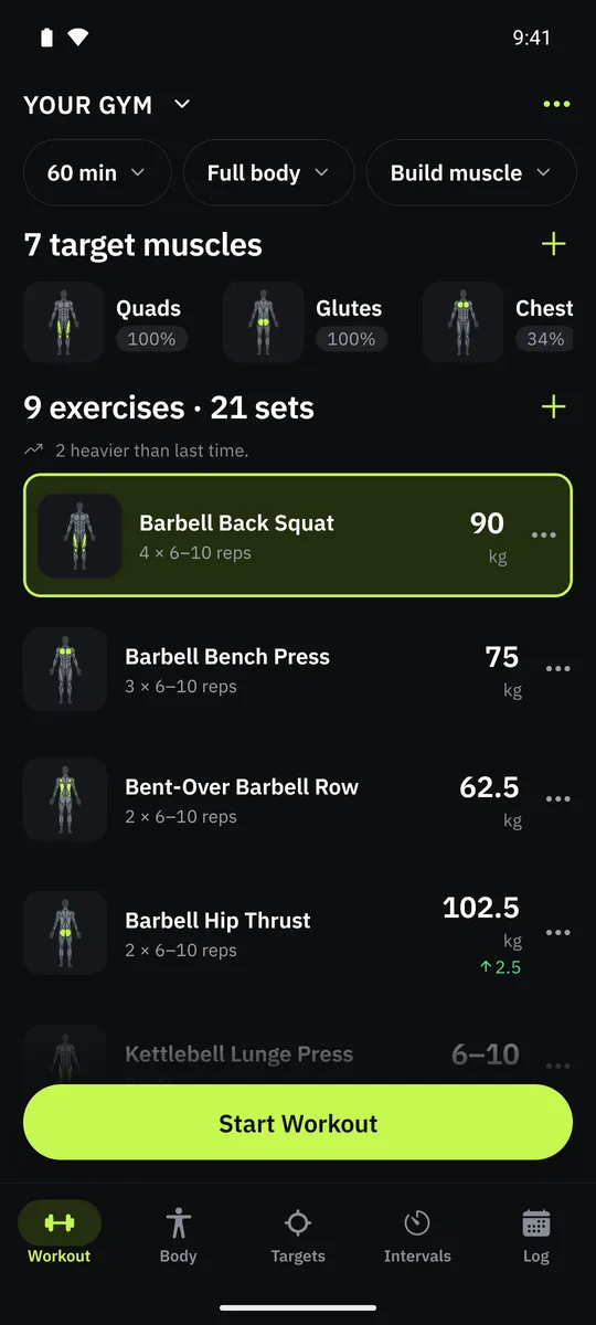 Grasp's workout screen: nine exercises planned for a full-body muscle-building session, each with its weight