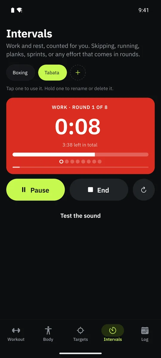 Grasp's interval timer with work, rest and round settings