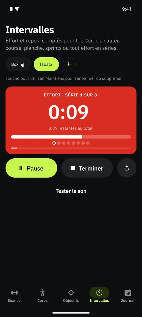 Le minuteur d'intervalles de Grasp, avec les réglages d'effort, de repos et de rounds