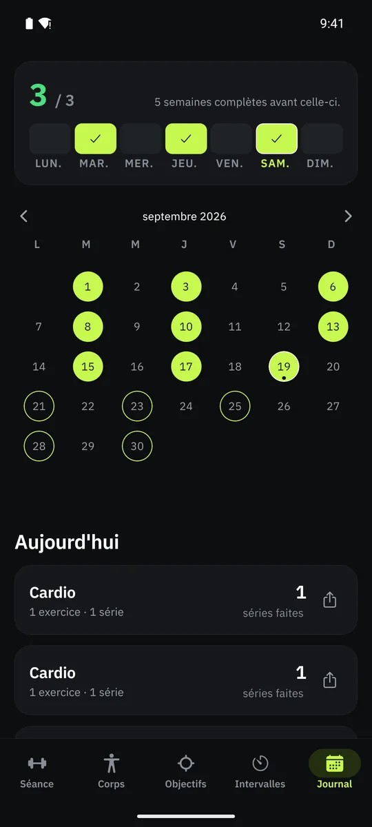 Le journal d'entraînement de Grasp dans un calendrier
