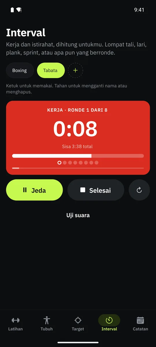 Timer interval Grasp dengan pengaturan kerja, istirahat, dan ronde