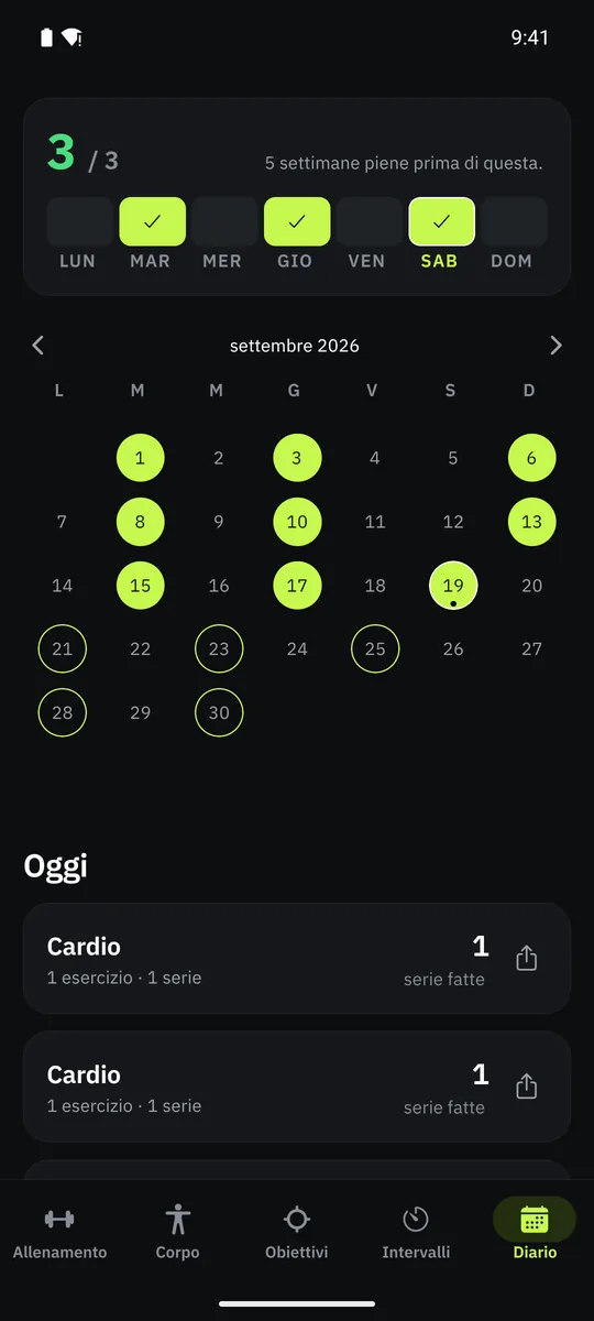 Il diario di allenamento di Grasp sul calendario
