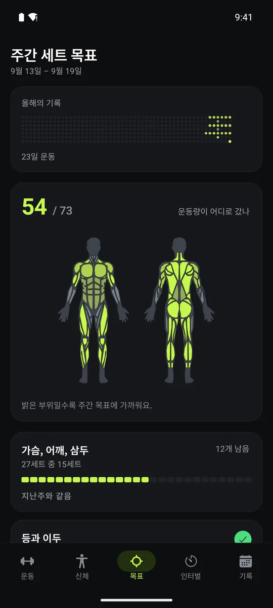 Grasp 주간 목표: 근육군별로 목표 대비 완료한 세트 수
