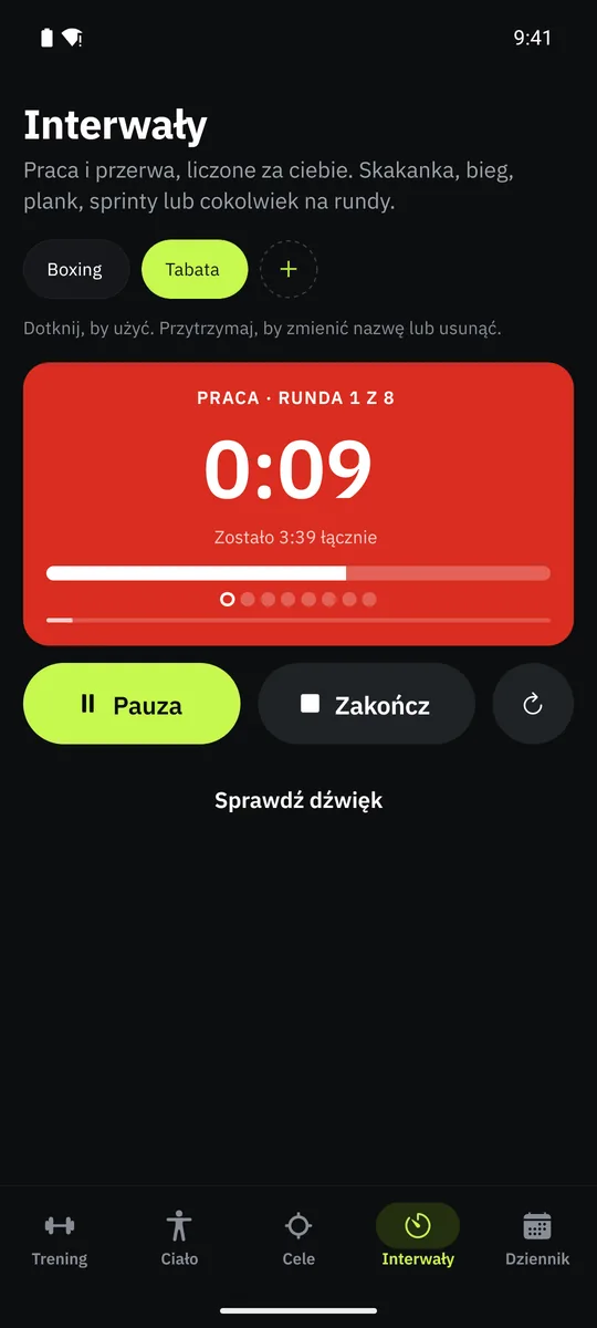 Timer interwałowy w Grasp z ustawieniami pracy, przerwy i rund