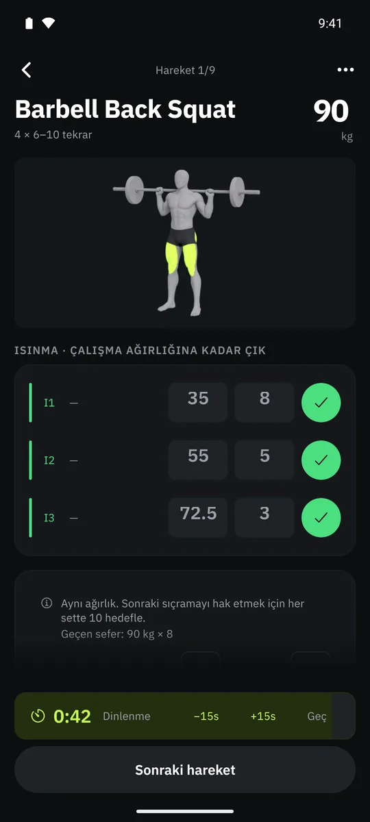 Grasp'te bir hareket: hareketin animasyonu, ısınma setleri ve geçen seferki ağırlık